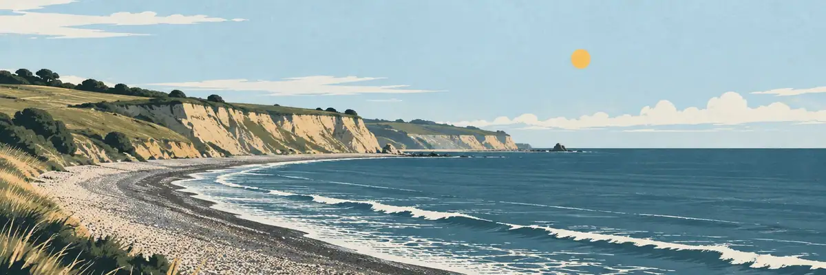 Screen-print illustration of the shingle shore beneath Haumoana’s coastal bluffs