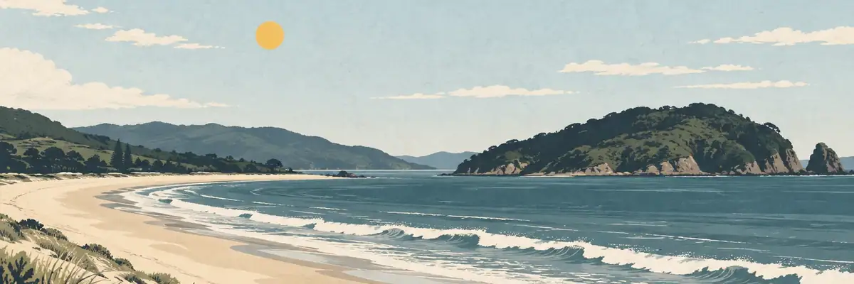Screen-print illustration of the long sandy Pāuanui beach beside the Tairua Harbour entrance
