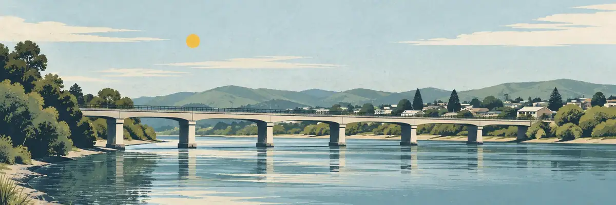 Screen-print illustration of the bridge over the Wairoa River