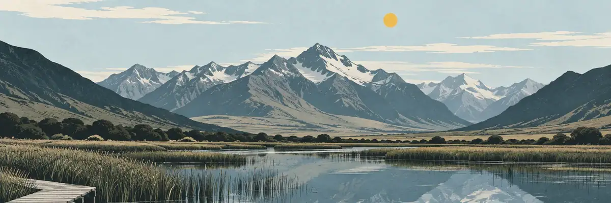 Screen-print illustration of Glenorchy Lagoon and the Humboldt Range, Queenstown-Lakes District
