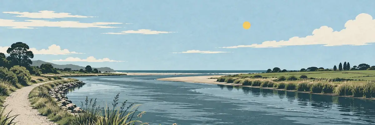 Screen-print illustration of the Clive River at the edge of town