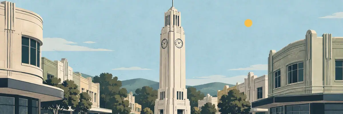 Screen-print illustration of the central clock tower among Hastings’ Art Deco buildings