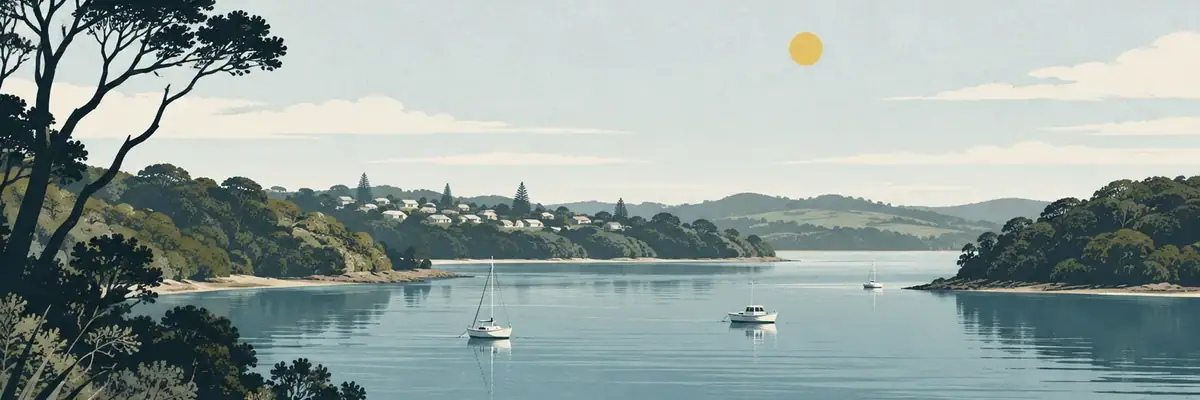 Screen-print illustration of the sheltered upper Waitematā Harbour at Riverhead