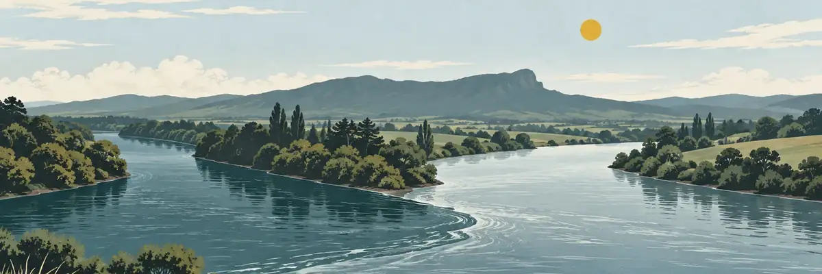 Screen-print illustration of the meeting of the Waikato and Waipā rivers at Ngāruawāhia