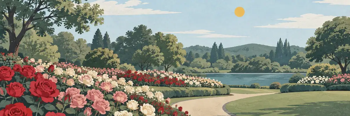 Screen-print illustration of the rose beds in Te Awamutu’s town-centre gardens