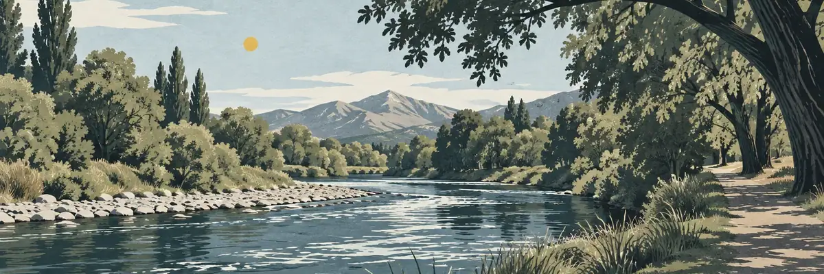 Screen-print illustration of the Waihi River beneath Geraldine’s tree-lined banks