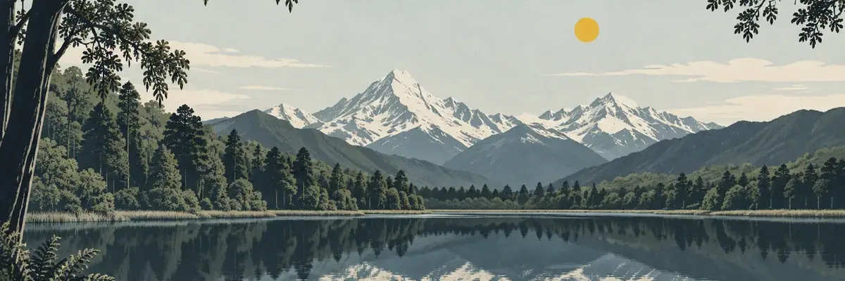 Screen-print illustration of Lake Matheson with the Southern Alps reflected in its dark water, Westland District