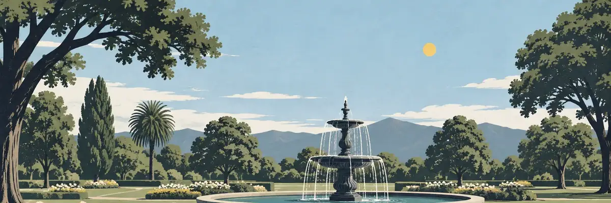 Screen-print illustration of Seymour Square’s gardens and fountain, Blenheim