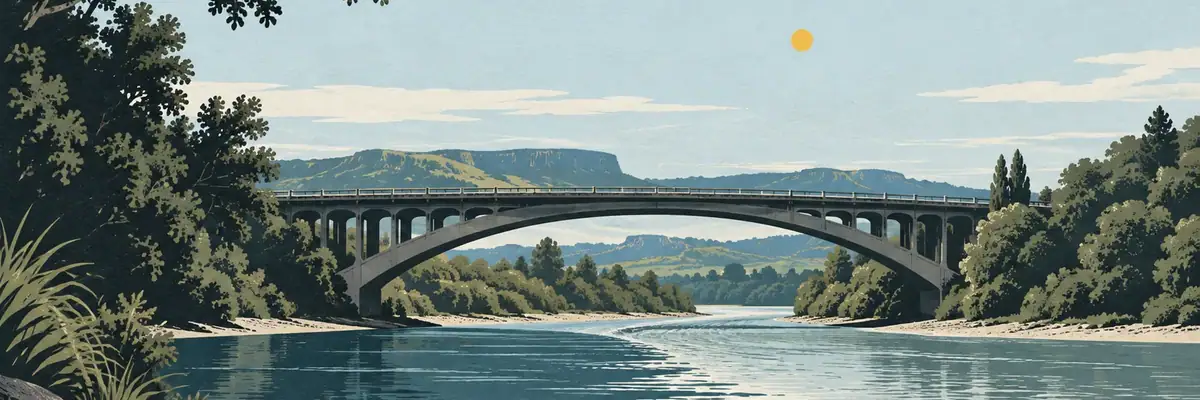 Screen-print illustration of the Whanganui and Ongarue rivers at Victoria Bridge, Taumarunui