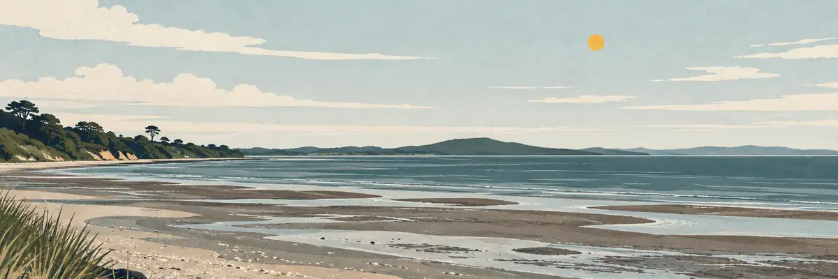 Screen-print illustration of the broad Manukau Harbour shoreline at Clarks Beach