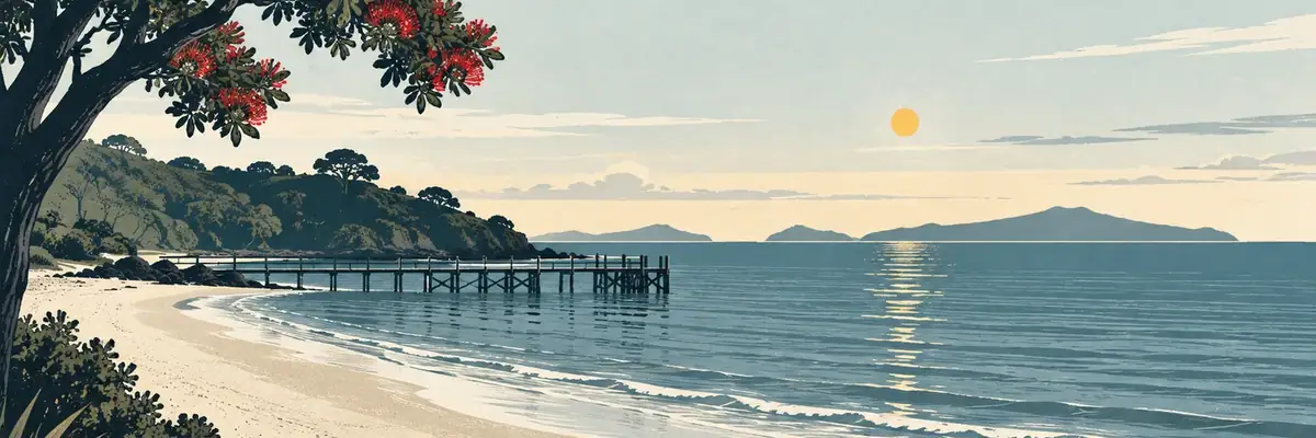 Screen-print illustration of Maraetai’s shell-sand beach and low coastal jetty