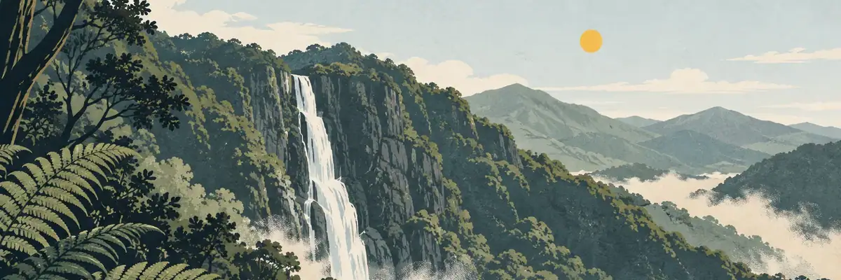 Screen-print illustration of Wairere Falls plunging from the Kaimai Range, Matamata-Piako District
