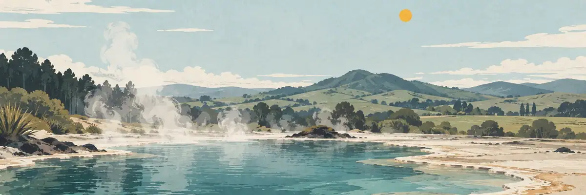 Screen-print illustration of the mineral-coloured geothermal pools at Ngāwhā, Kaikohe