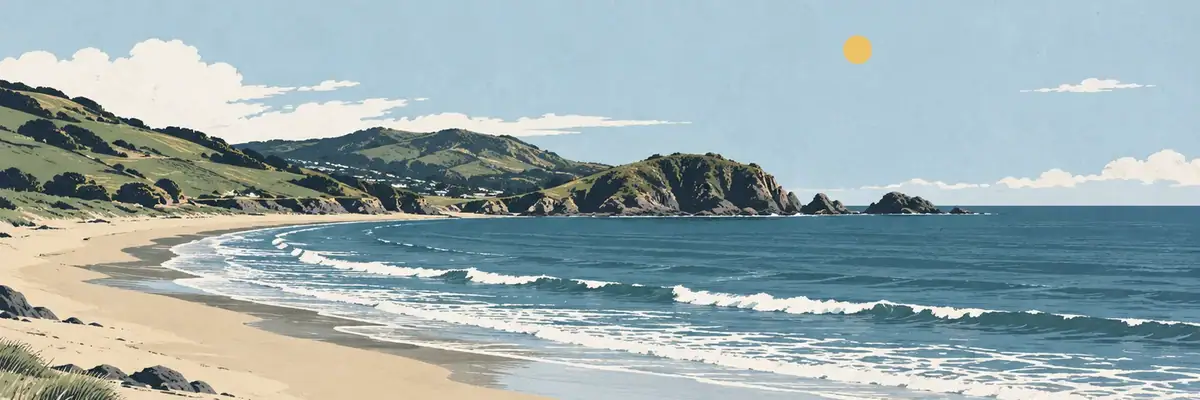 Screen-print illustration of Titahi Bay Beach, Porirua