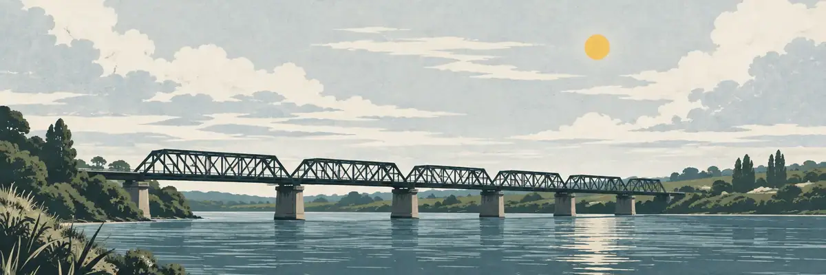Screen-print illustration of the long bridge crossing the Waikato River at Tuakau