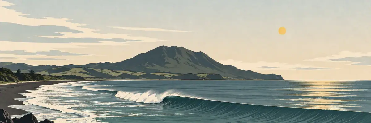 Screen-print illustration of the long left-hand surf break at Manu Bay, Raglan