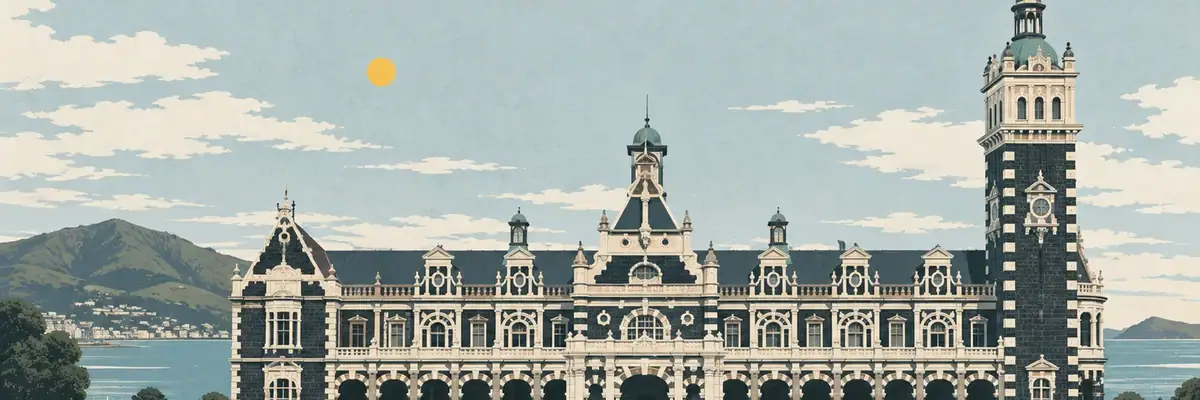 Screen-print illustration of Dunedin Railway Station