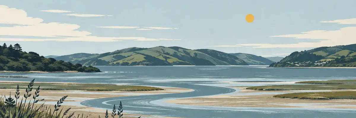 Screen-print illustration of Pāuatahanui Inlet, Porirua City