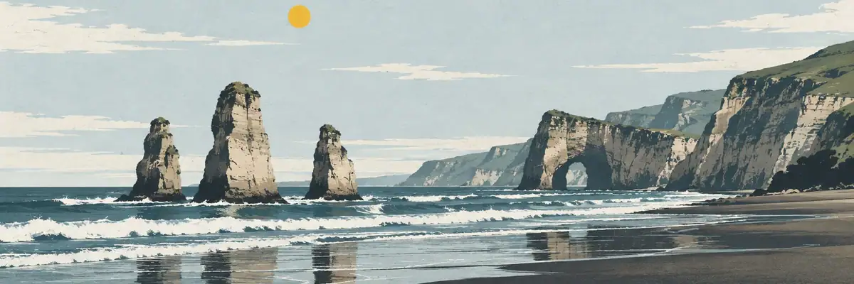 Screen-print illustration of the sea stacks on the Tongapōrutu coast, New Plymouth District