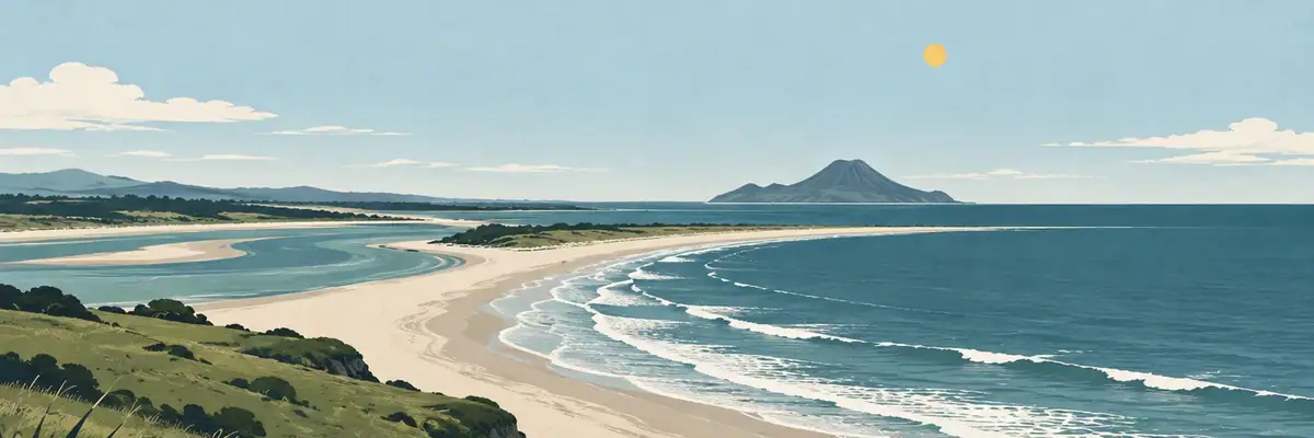 Screen-print illustration of the low headland above Maketū’s ocean beach