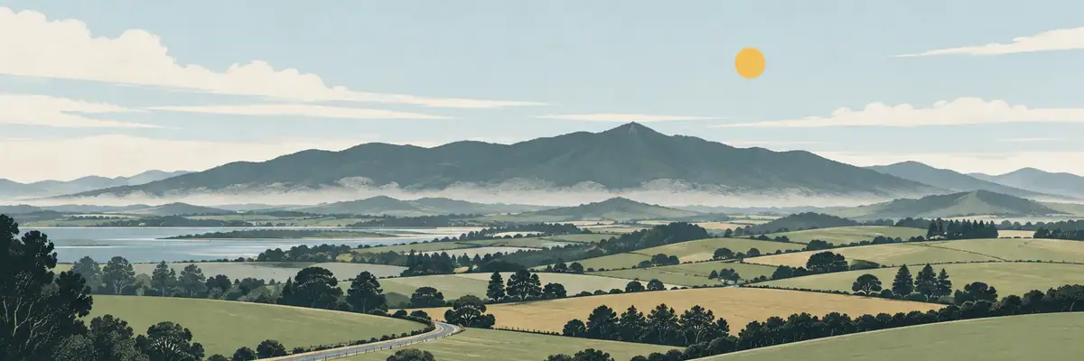Screen-print illustration of rolling green farmland beneath the Bombay Hills, Pōkeno