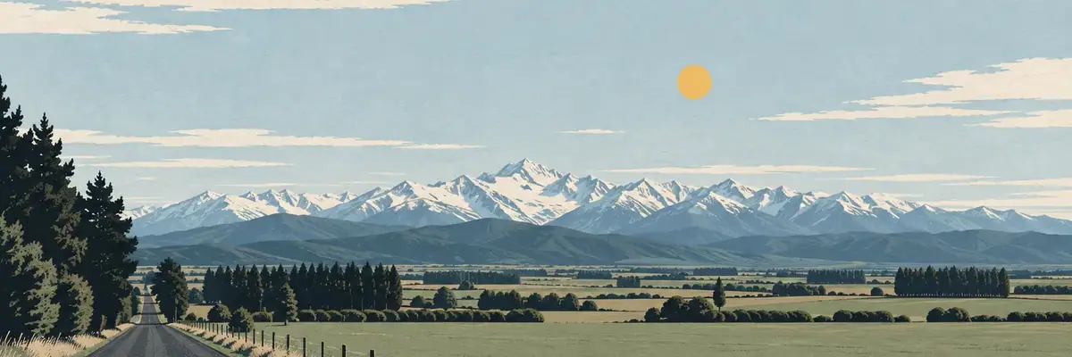 Screen-print illustration of the open Canterbury Plains beneath the Southern Alps, Darfield
