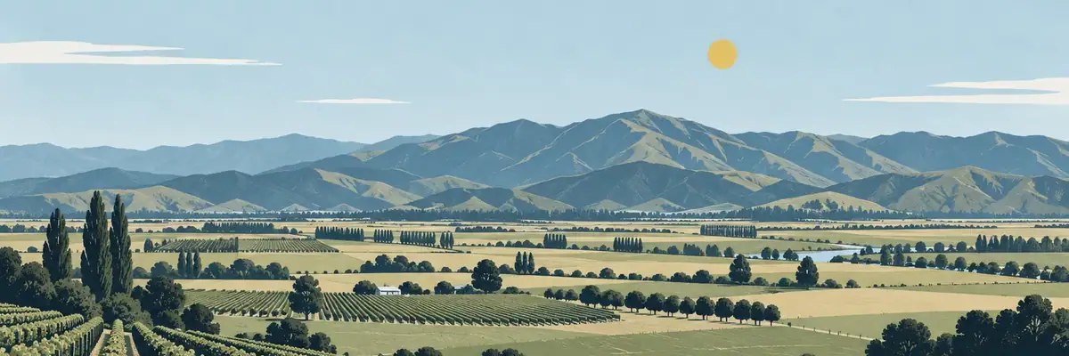 Screen-print illustration of the Wairarapa plain and Tararua foothills, Carterton District