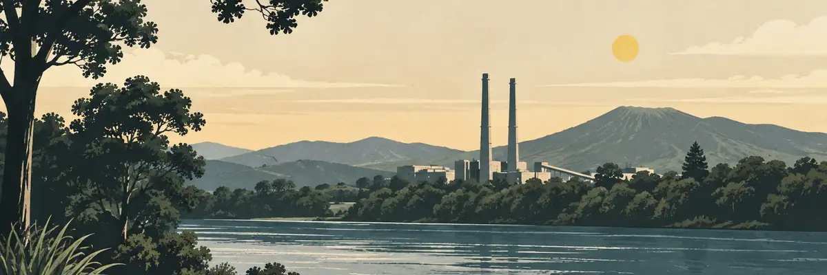 Screen-print illustration of the tall industrial stacks of Tasman Mill, Kawerau