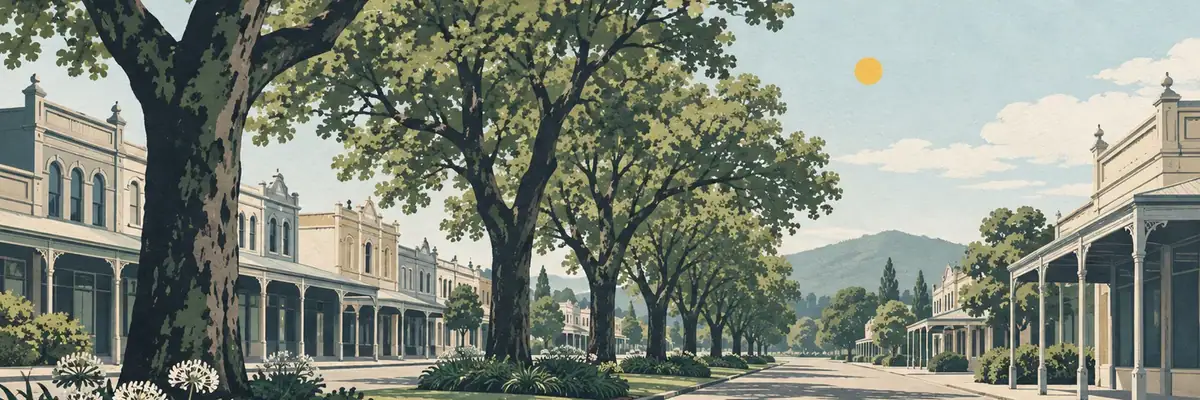 Screen-print illustration of Cambridge’s tree-lined heritage main street
