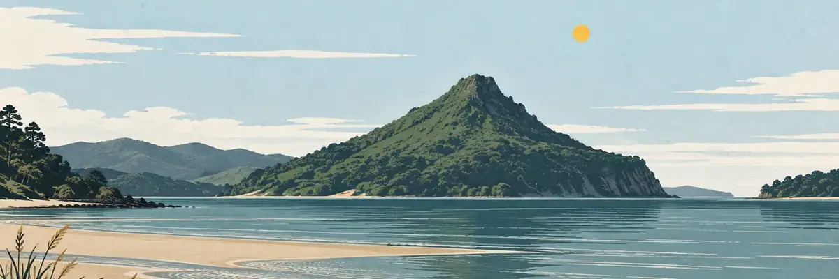 Screen-print illustration of the volcanic cone of Mount Paku guarding Tairua Harbour
