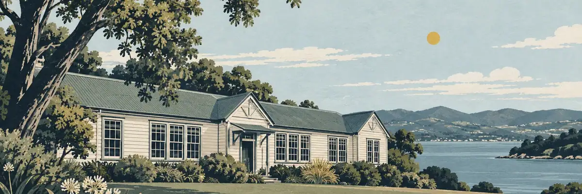 Screen-print illustration of the preserved 19th-century Thames School of Mines building