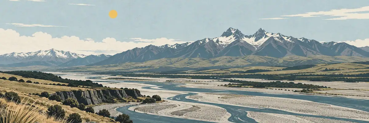 Screen-print illustration of the Rangitata River beneath the Two Thumb Range, Timaru District