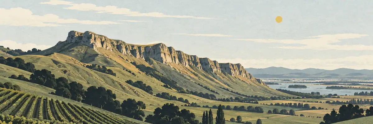 Screen-print illustration of the long limestone profile of Te Mata Peak, Havelock North