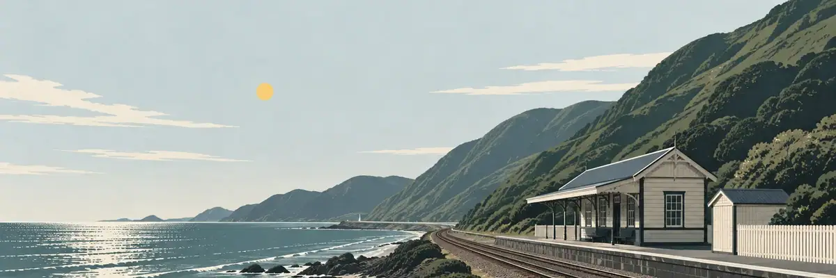 Screen-print illustration of Paekākāriki Station and coastal rail line