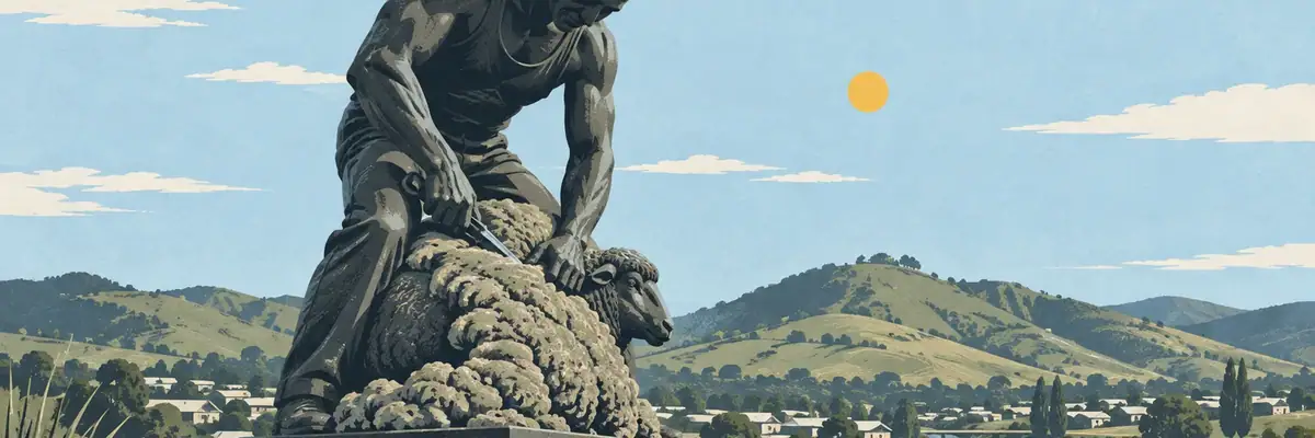 Screen-print illustration of the larger-than-life shearer statue in central Te Kūiti