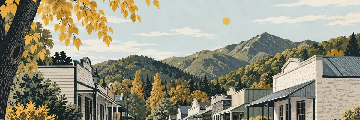 Screen-print illustration of Buckingham Street historic centre, Arrowtown
