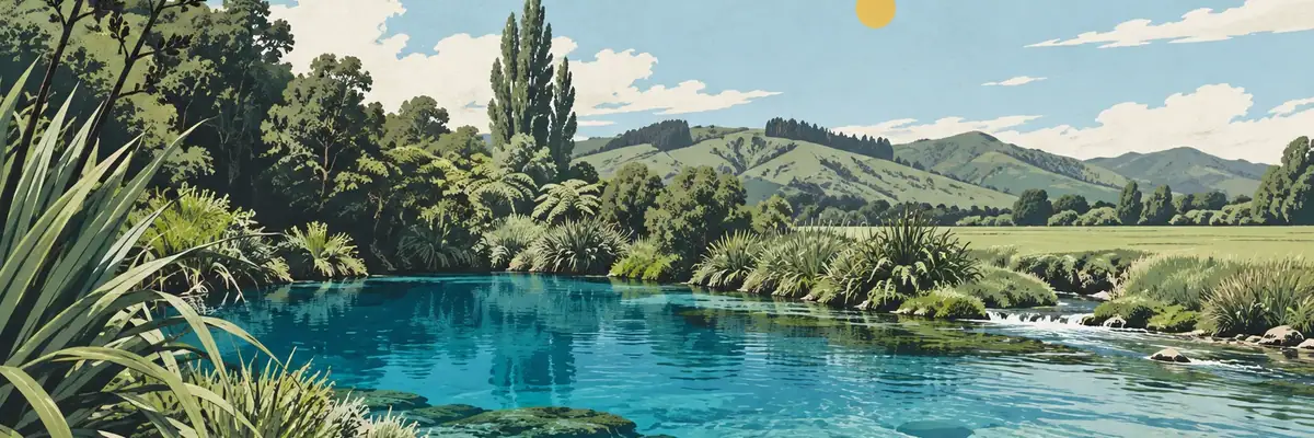Screen-print illustration of the brilliant blue spring water and clear Te Waihou stream, Putāruru