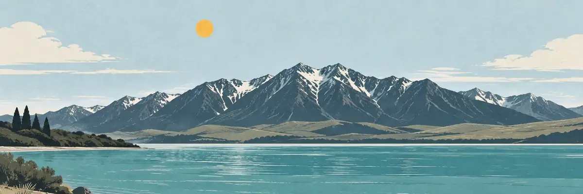 Screen-print illustration of Lake Ruataniwha beneath the Ben Ohau Range, Twizel