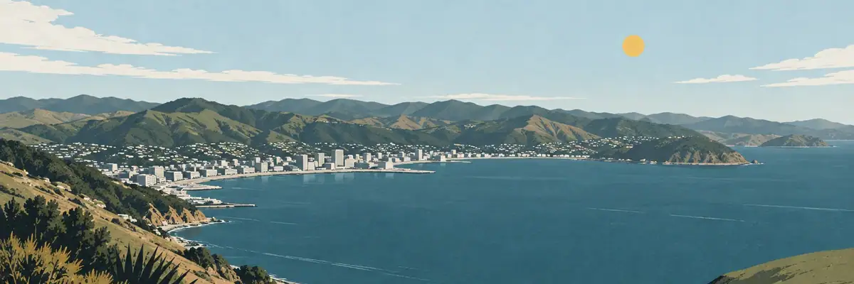 Screen-print illustration of the Wellington Harbour and surrounding hills
