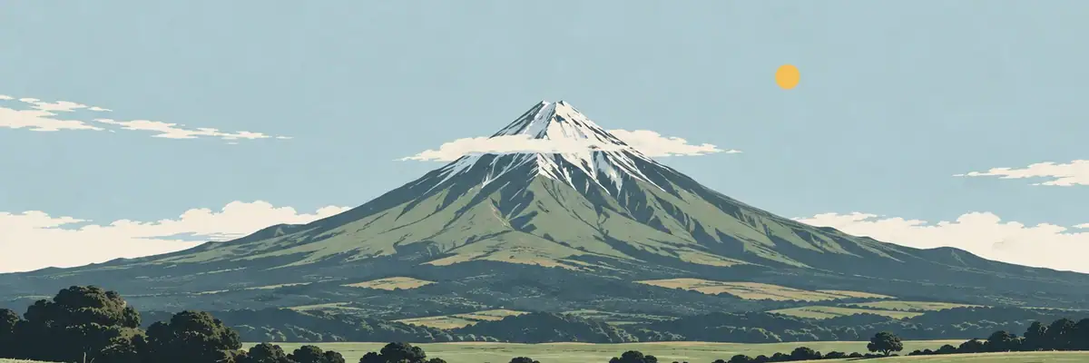Screen-print illustration of the near-perfect volcanic cone of Taranaki Maunga