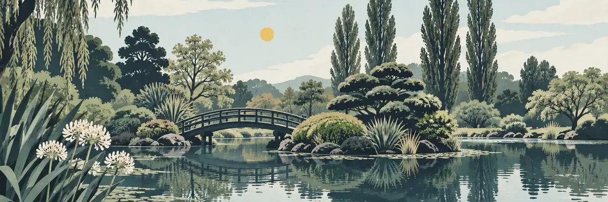 Screen-print illustration of the ponds, bridges and gardens at Ngatea Water Gardens