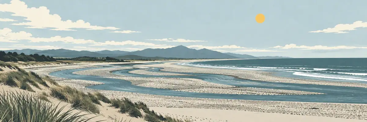 Screen-print illustration of the Ashley-Rakahuri river mouth and coastal dunes, Waikuku Beach