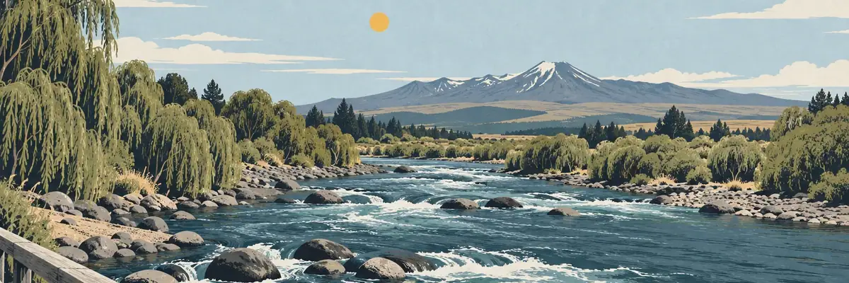 Screen-print illustration of the clear Tongariro River and its low pedestrian bridges, Tūrangi