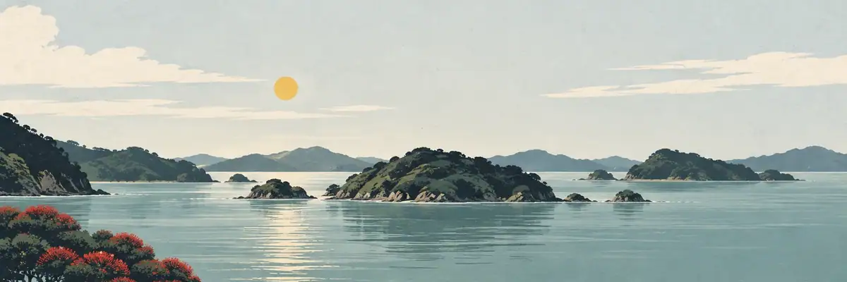 Screen-print illustration of the island-dotted Bay of Islands seen from Paihia’s shore
