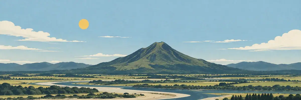 Screen-print illustration of the isolated volcanic cone of Pūtauaki, Whakatāne District