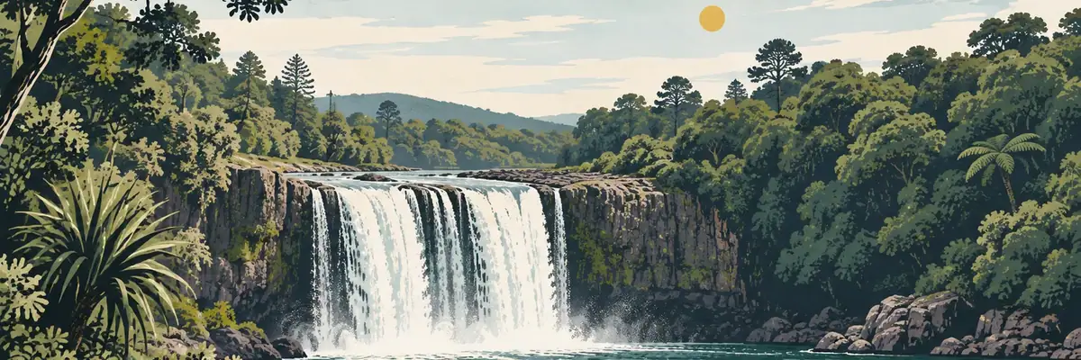Screen-print illustration of the 27-metre Rainbow Falls on the Kerikeri River
