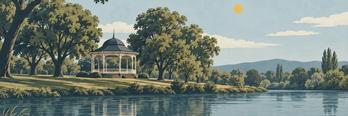 Screen-print illustration of Kaiapoi River and the historic band rotunda