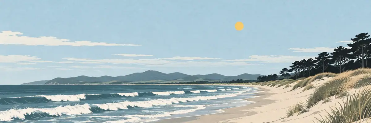 Screen-print illustration of Woodend Beach’s low dunes and coastal pine fringe