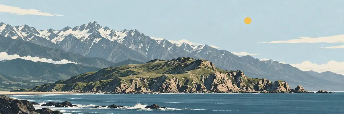 Screen-print illustration of the Kaikōura Peninsula beneath the Seaward Kaikōura Ranges
