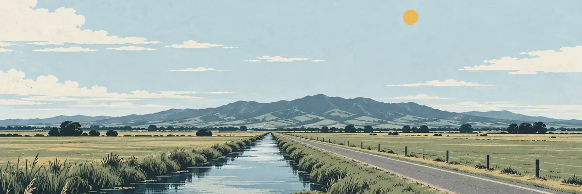 Screen-print illustration of the flat Hauraki Plains and their straight drainage channels